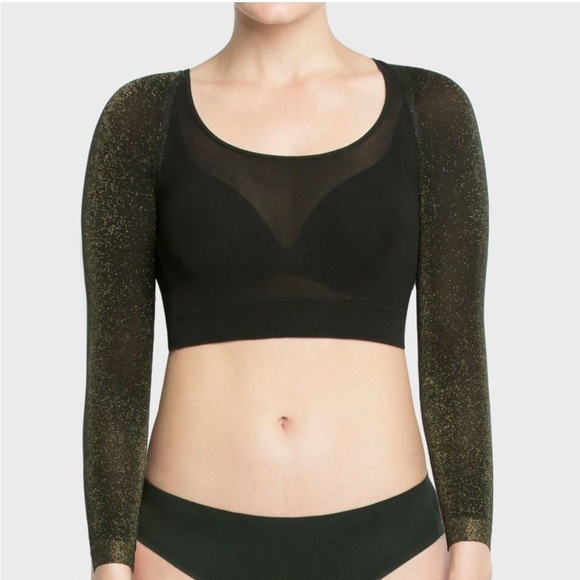 SPANX NEW Arm Tights Layering Piece in Gold Shimmer Crop Control Top Sheer Black - Picture 5 of 15
